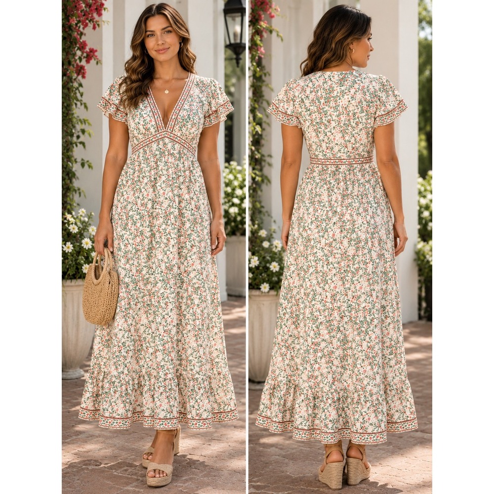 Max Studio London Maxi Dress Women Small White Floral Cotton Blend Cottagecore